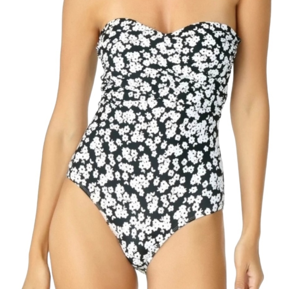Anne Cole Itsy Bitsy Ditsy Bandeau Floral Swimsuit Black White 10